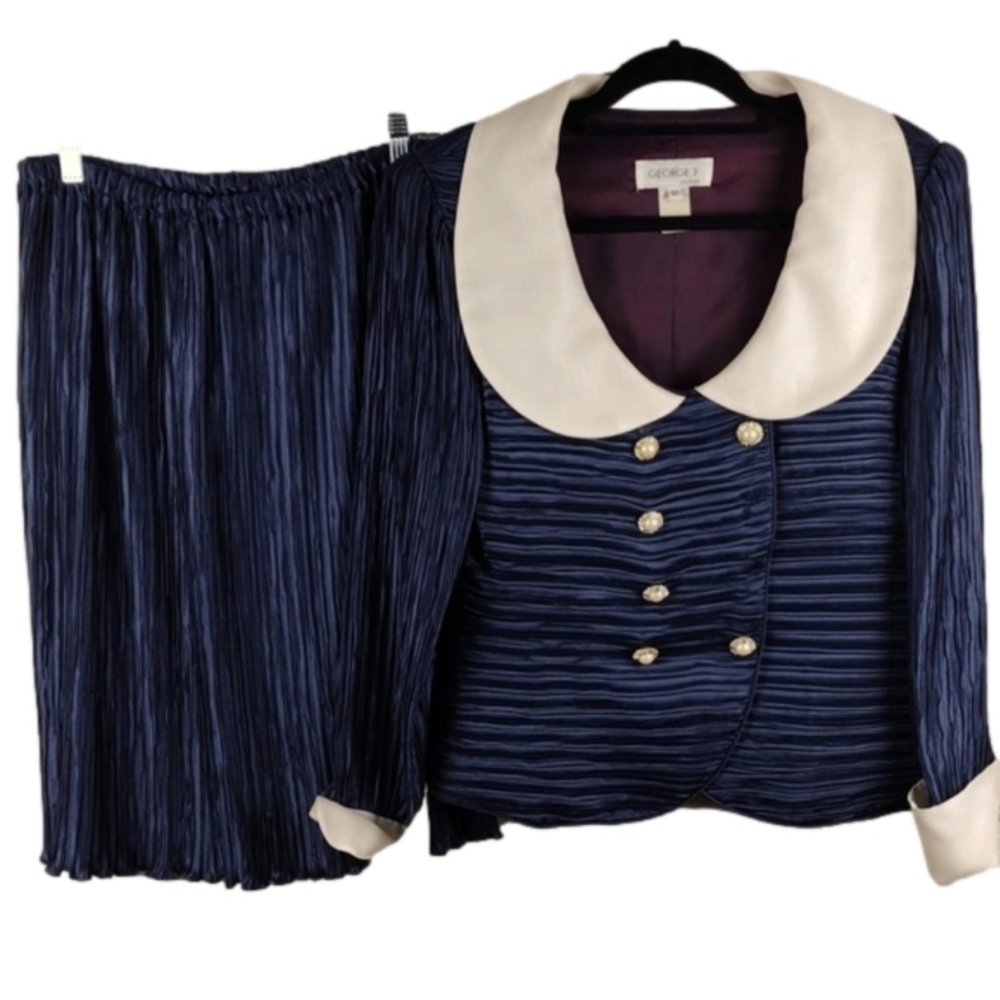 George F. Couture Vintage Navy Pleated Peter Pan Neckline Two Piece Skirt Set